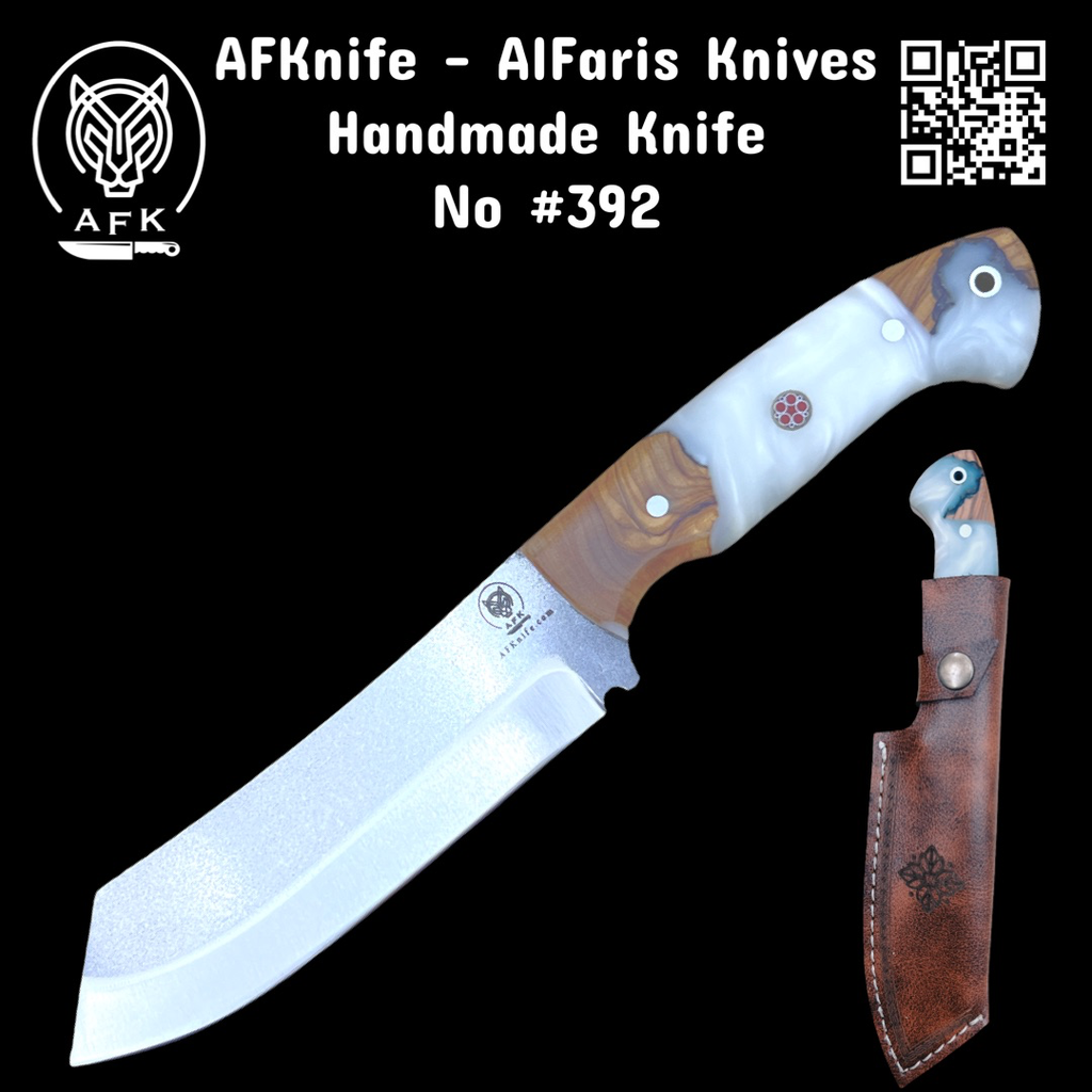 [392-White-Epx] Fixed Blade W.NR 1.4034 German Stainless Steel ( Sheepsfoot ) Knife #392 (Olive Wood & White Epoxy)