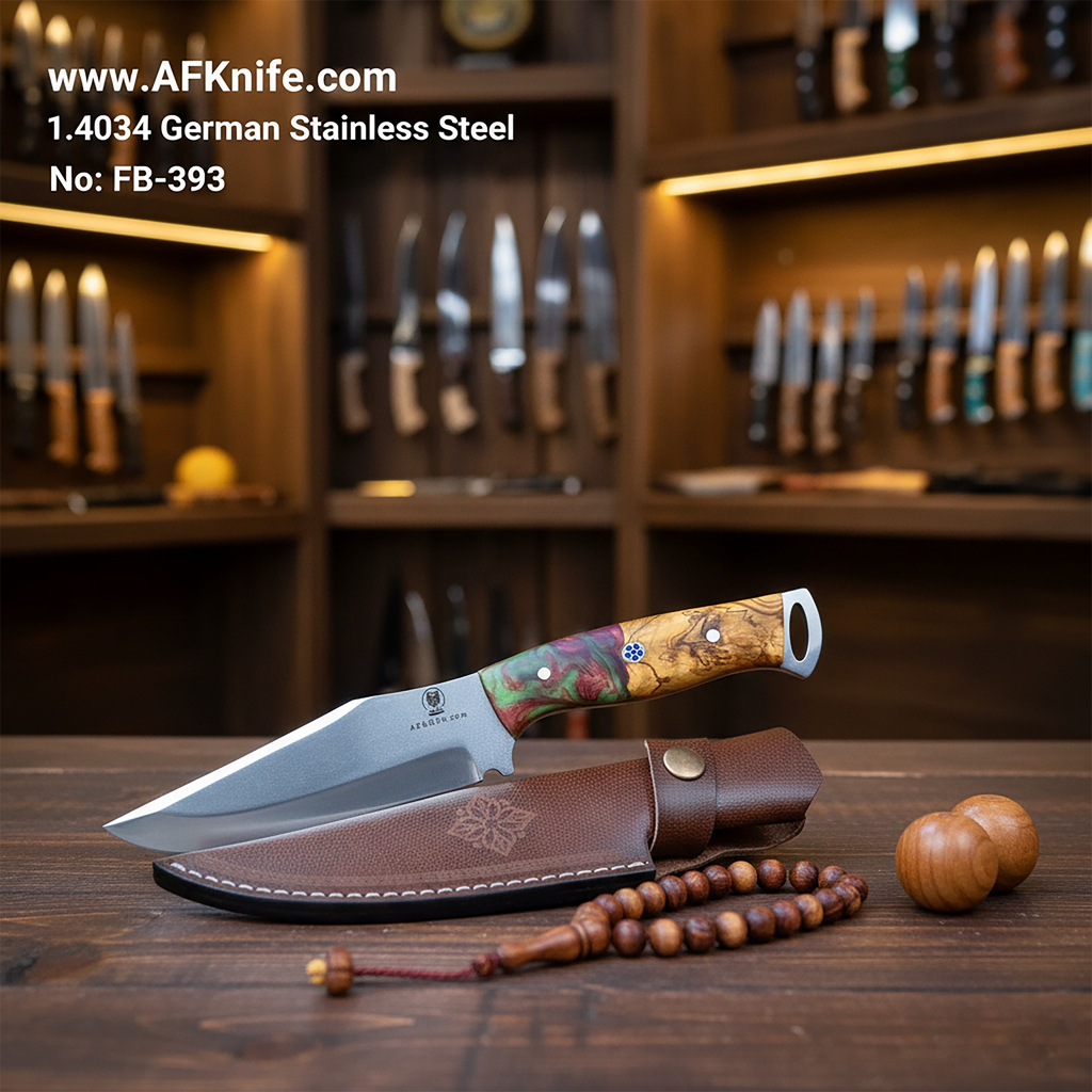 Fixed Blade 1.4034 German Stainless Steel + Olive Wood w/ Epoxy Handle + 58-59 HRC + Leather Sheath ( Bowie Style ) No: FB-393