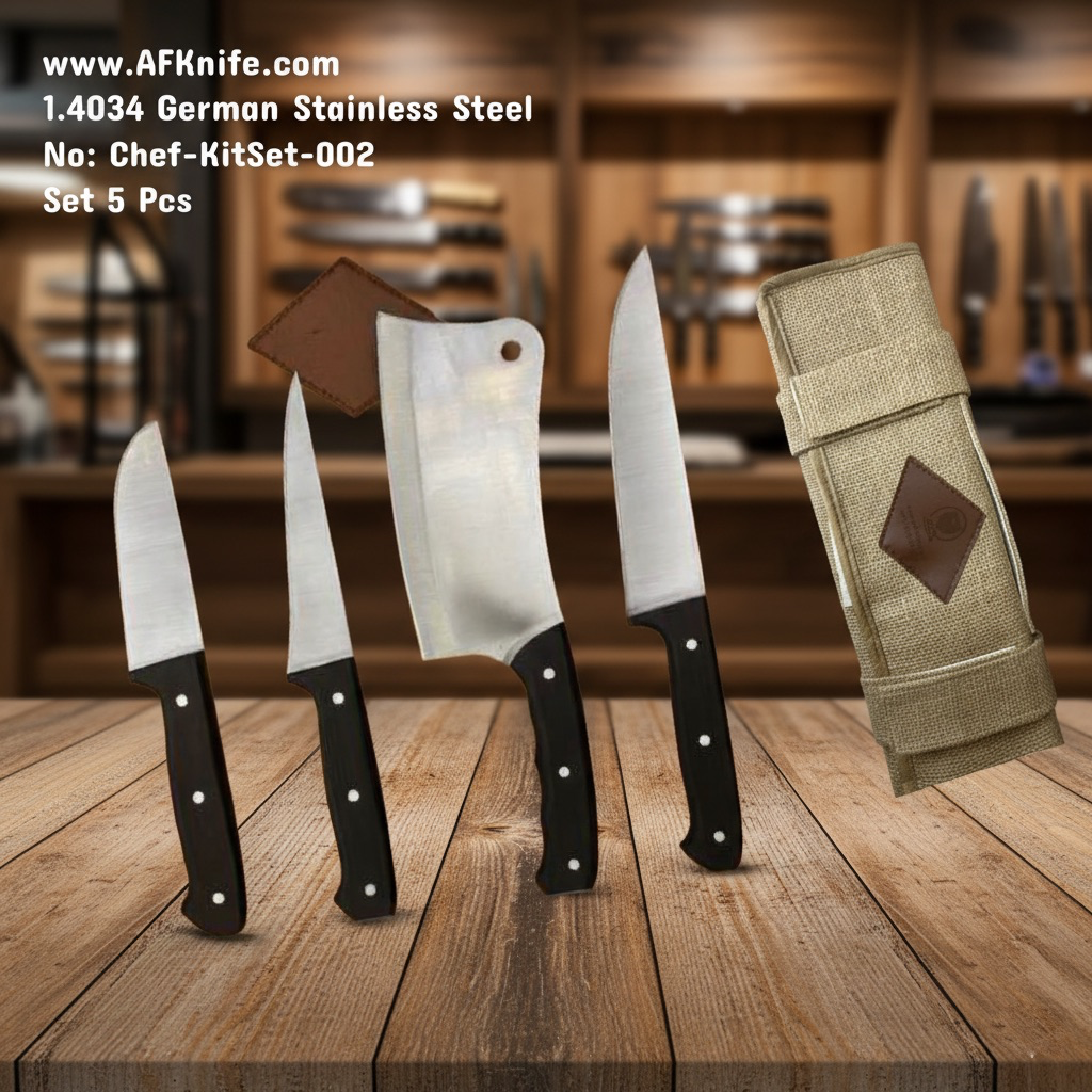 Chef's (kitchen) - Set 5 Pcs - 1.4034 German Stainless Steel + Walnut Wood Handle + Jute & Leather Knives Sheath + 58-59 HRC - No: Chef-KitSet-002