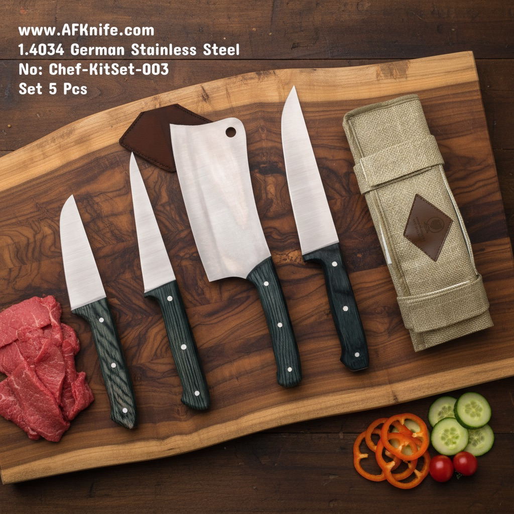 [Chef-KitSet003] طقم سكاكين ( ٤ ) قطع للشيف والمطبخ - معدن ( إن أر ١٫٤٠٣٤  ستيل الماني ) مقبض ( خشب الزيتون ) محفظة سكاكين رقم ٠٠٣