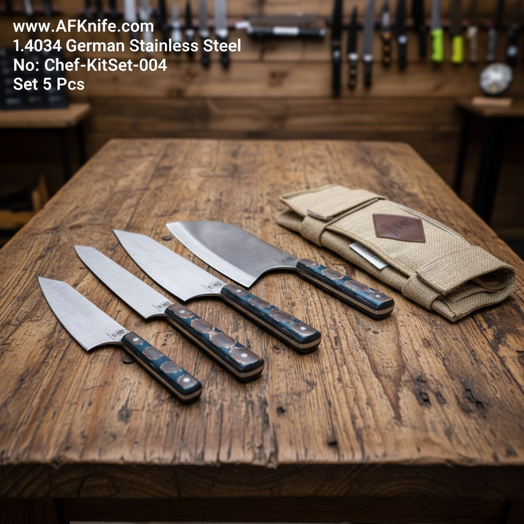 Chef's (kitchen) - Set 5 Pcs - 1.4034 German Stainless Steel + Werzalit Handle + Jute & Leather Knives Sheath + 58-59 HRC - No: Chef-KitSet-004