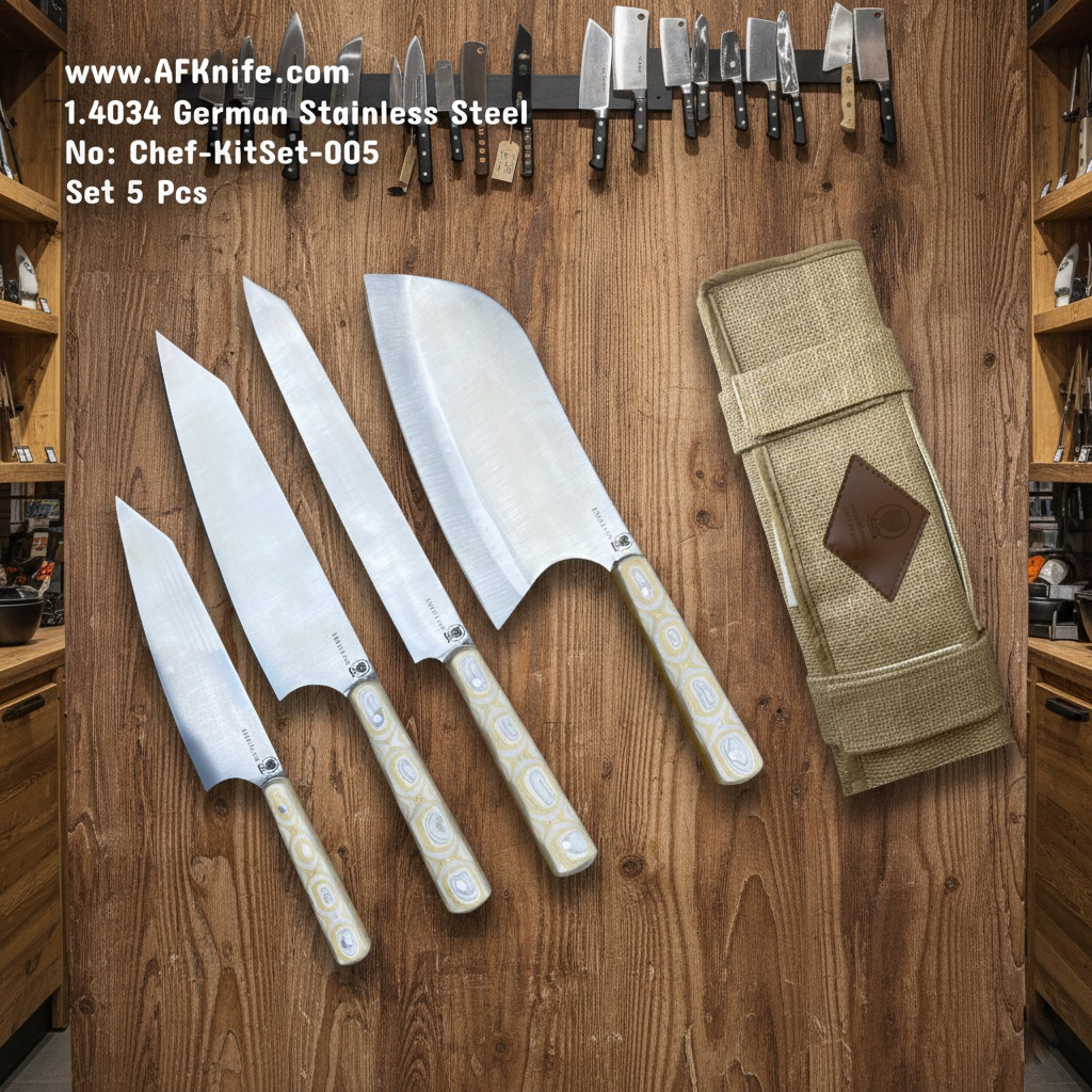 [Chef-KitSet005] طقم سكاكين ( ٤ ) قطع للشيف والمطبخ - معدن ( إن أر ١٫٤٠٣٤  ستيل الماني ) مقبض ( ويرزلايت ) محفظة سكاكين رقم ٠٠٥
