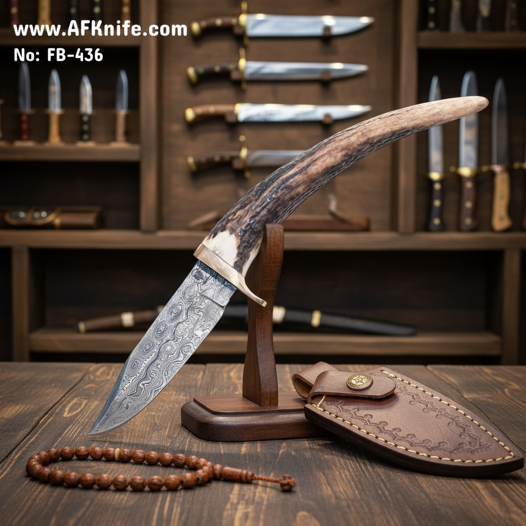 Fixed Blade Damascus Steel 1095  + Deer Horn w/ Guard Handle + Leather Sheath - 56-58 HRC - Clip Point Style No: FB-436