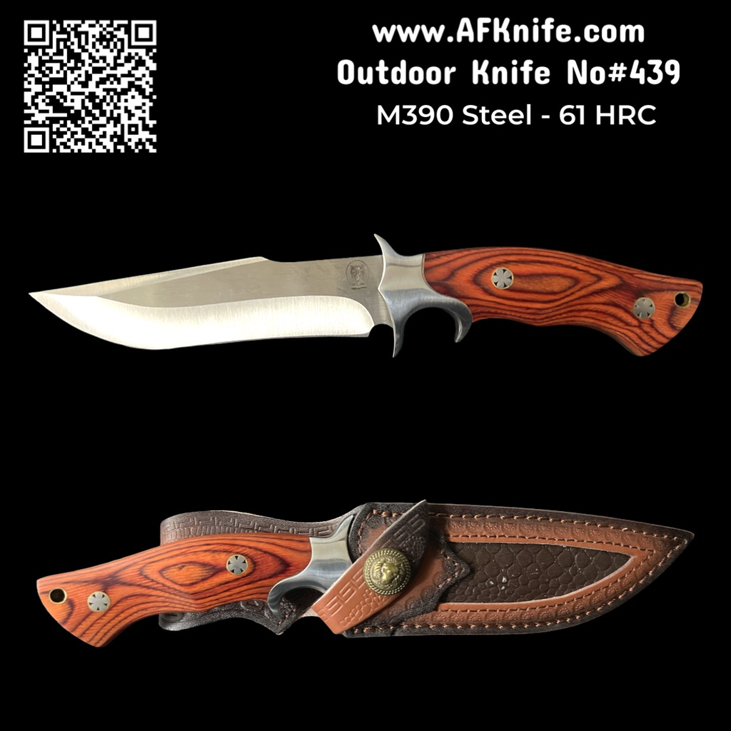 Fixed Blade M390 Steel - 61 HRC -Rose Wood Handle & Leather Sheath - Clip Point Knife  No: FB-439