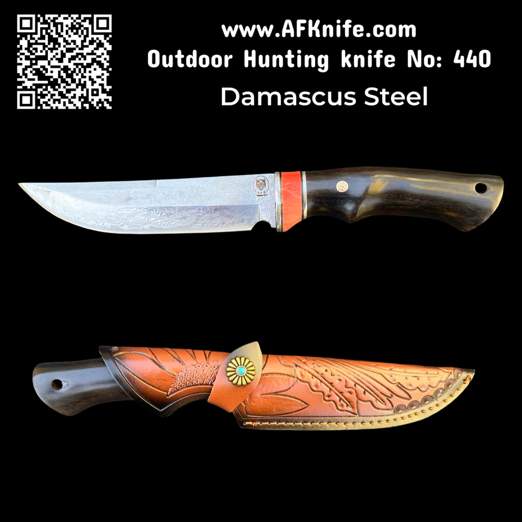 Fixed Blade Damascus Steel + Ebony Wood w/ G10 Handle + Leather Sheath + 58-60 HRC - Straight Back Style  No: FB-440