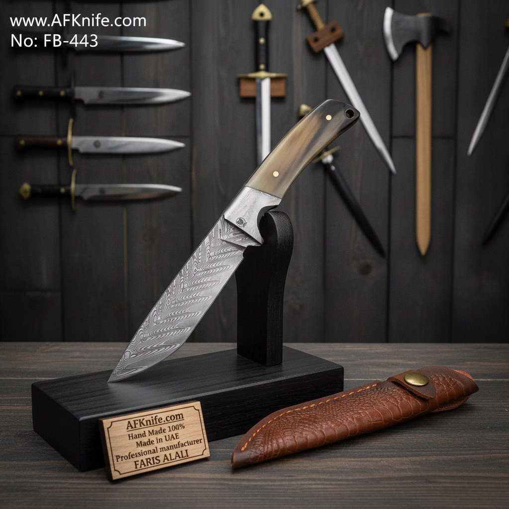 Fixed Blade - Damascus VG10 Blade, Cattle Horn w/ Steel Guard Handle, 58-60 HRC, Drop Point Style  No: FB-443