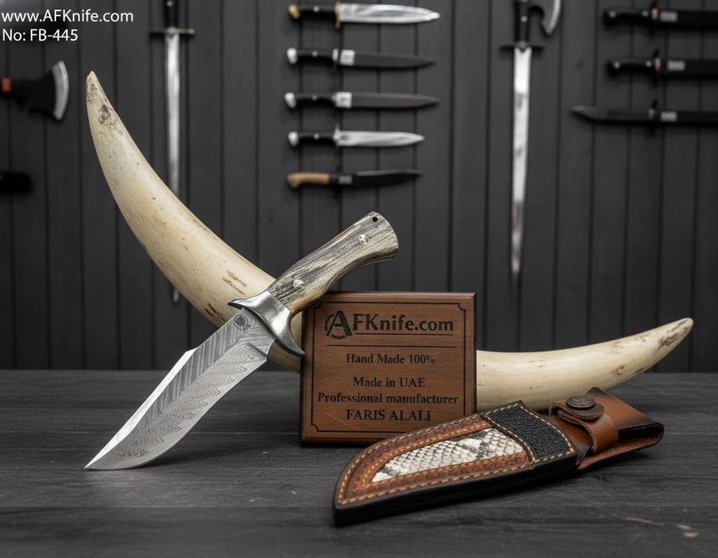 Fixed Blade Damascus Steel, Colored Wood w/ Steel Guard, 58-60 HRC, Leather Sheath, Clip Point Knife No: FB-445