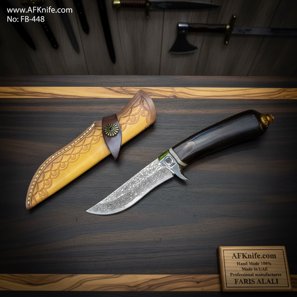 [FB-448] Fixed Blade Bowie Knife, Damascus Steel, Ebony Wood w/ G10 & Steel Guard Handle, 57-58 HRC, Straight Point Style No: FB-448