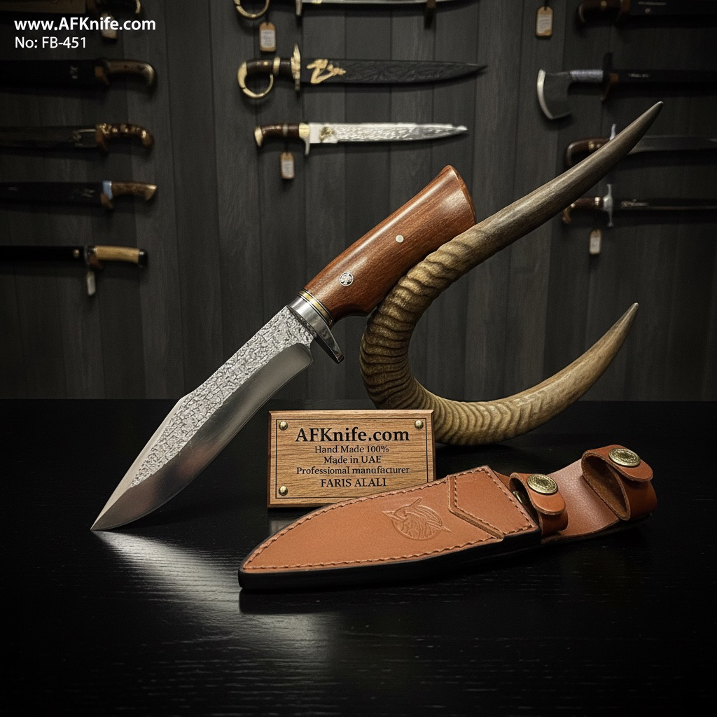 Fixed Blade Bowie Knife, D2 Tool Steel Blade, Walnut Wood Handle, Leather Sheath, Bowie Style  No: FB-451