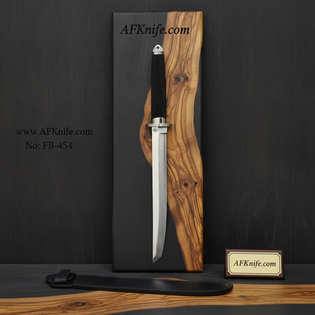 Fixed Blade Knife, D2 Tool Steel, Rubber Caoutchouc Handle, Leather Sheath,58-59 HRC, Tanto Style No: FB-454