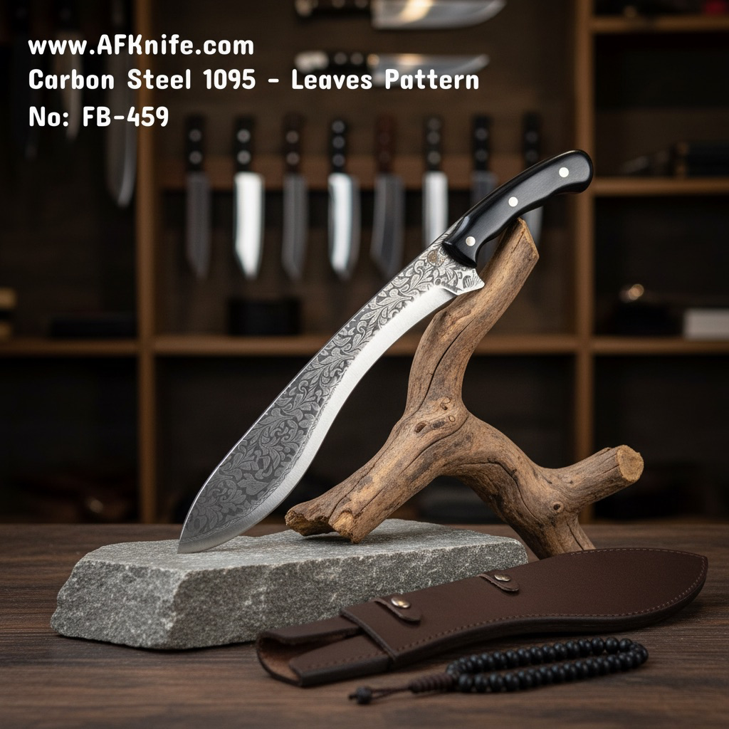 Fixed Blade Kukri Knife - Carbon Steel 1095 ( Leaves Pattern ) + Wood Handle + Leather Sheath + 58-59 HRC ( Kukri Style ) No: FB-459