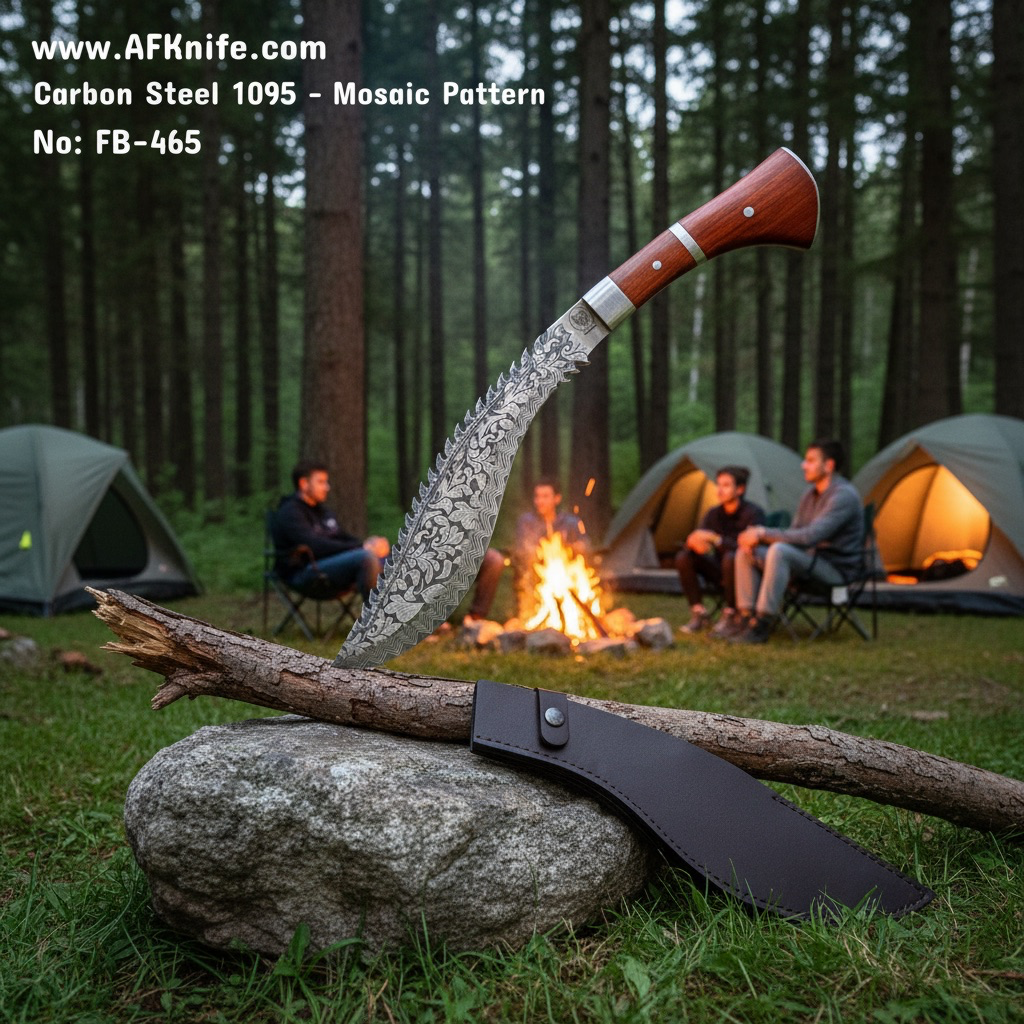 Fixed Blade Kukri Knife - Carbon Steel 1095 ( Mosaic Pattern ) + Walnut Wood Handle + 58-59 HRC + Leather Sheath - Kukri Style No: FB-465