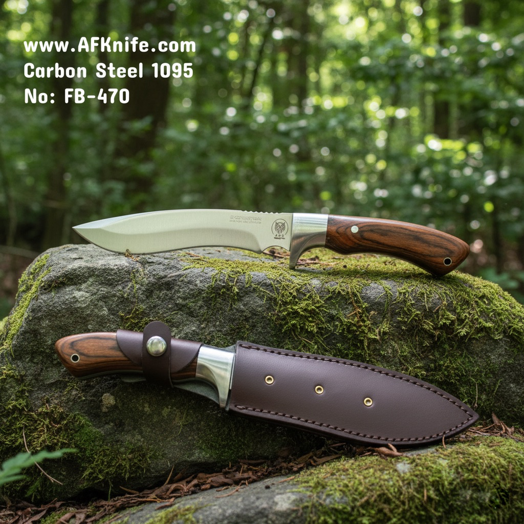 Fixed Blade Kukri Knife - Carbon Steel 1095 + Rose Wood w/ Stainless Steel Guard + Leather Sheath + 58-59 HRC - Kukri Style No: FB-470