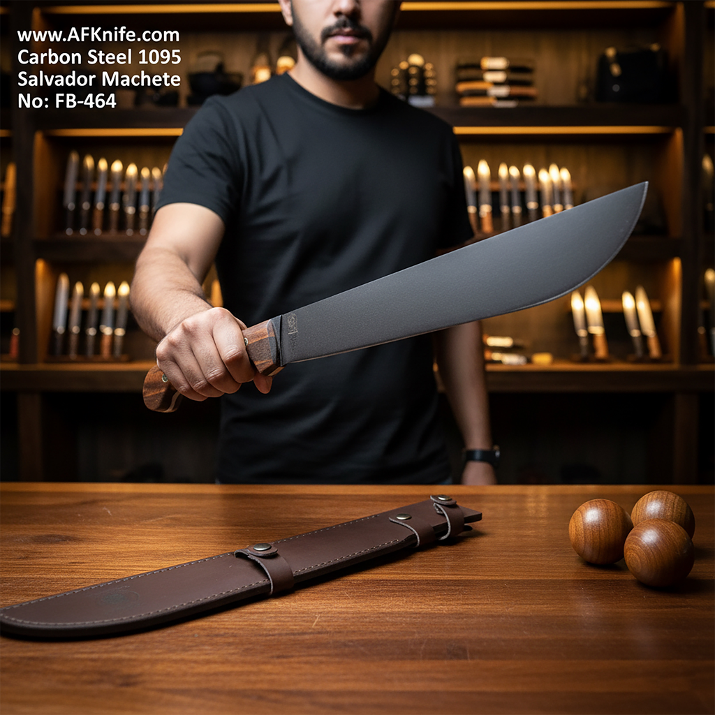 Fixed Blade Salvador Machete Carbon Steel 1095 - Black coating + Walnut Wood Handle + Leather Sheath + 58-59 HRC - Machete Style No: FB-464