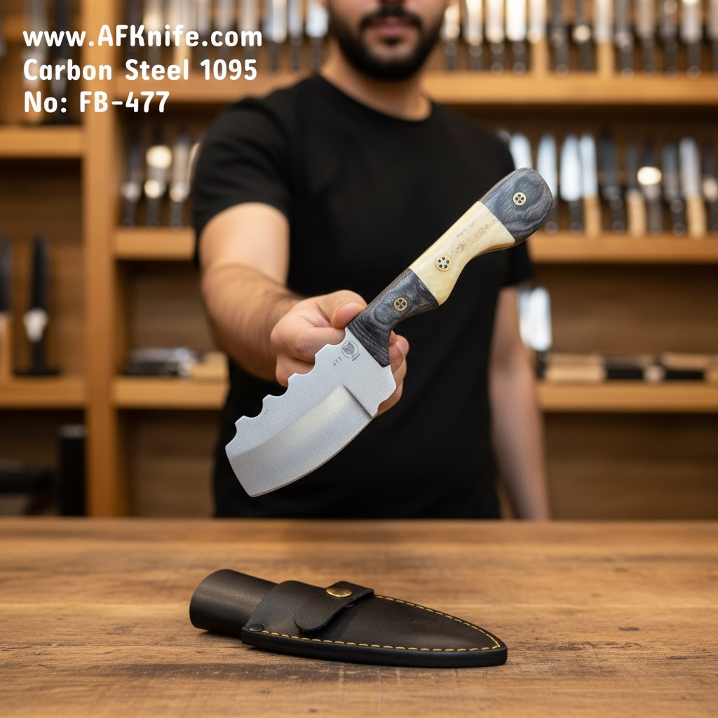 [477] Fixed Blad Carbon Steel 1095 + Ebony Wood & Camel Bone Handle + Leather Sheath + 58-59 HRC -SheepsFoot No: FB-477