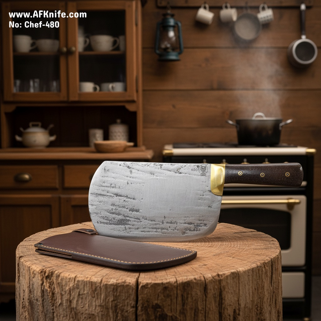 Chef's (kitchen) Butcher Bone-crushing Cleaver - Carbon Steel 1095 + Micarta Handle + Leather Sheath + 59-60 HRC - Cleaver Style No: Chef-480