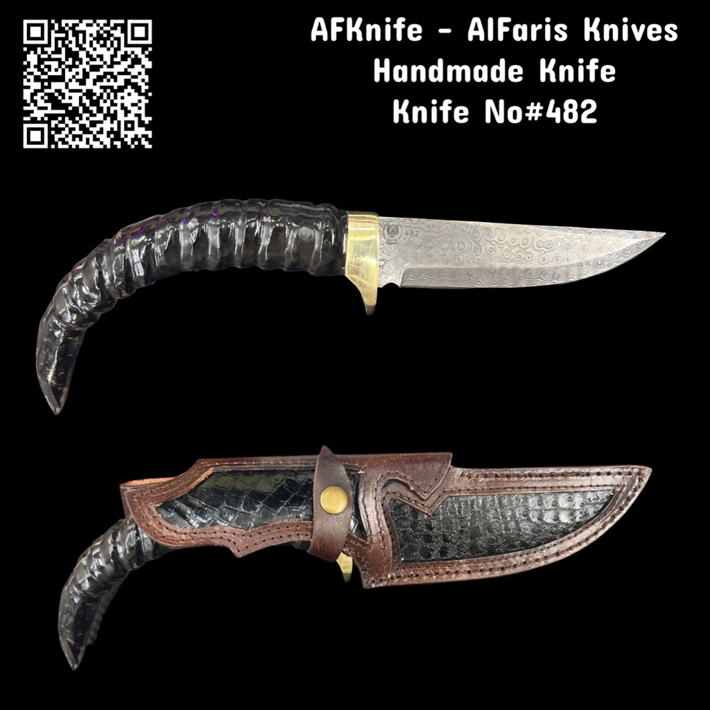 Fixed Blad Damascus 1095 + Deer Horn & Guard + Leather Sheath - Straight Back Knife No: 482