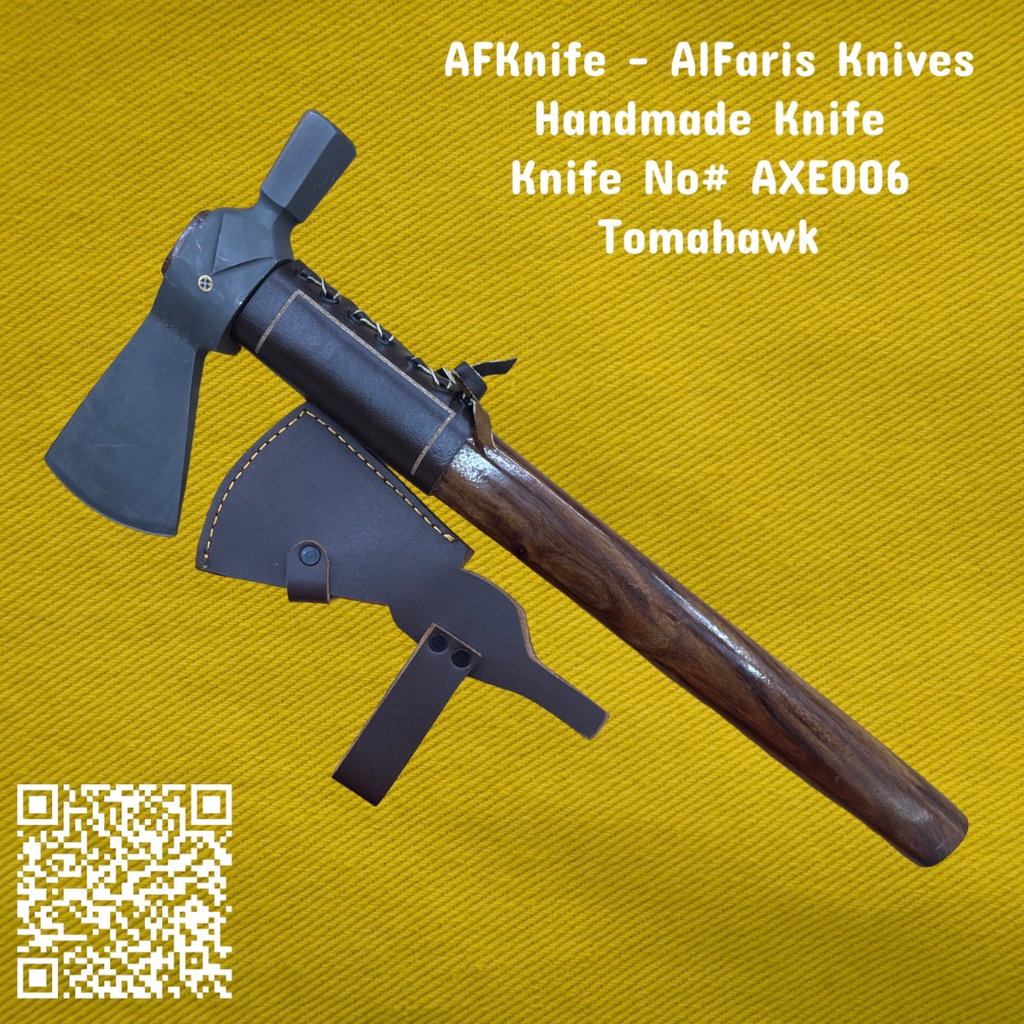 AXE - Tomahawk Carbon Steel 1095 + Walnut Wood Covered with Leather Handle + Leather Sheath - AXE No: AXE006