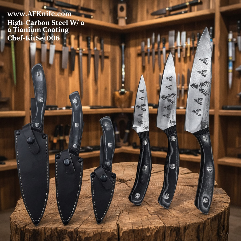 [KitSet006] Chef's (kitchen) Set 3 Pcs - High-Carbon Steel W/ a Titanium Coating + G10 Handle + Leather Sheath + 56-60 HRC No: Chef-KitSet006