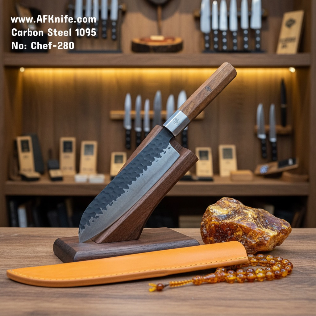Chef's (kitchen) Carbon Steel 1095 + Wood Handle + 58-59 HRC - Leather Sheath - ( Santoku Style ) No: Chef-280