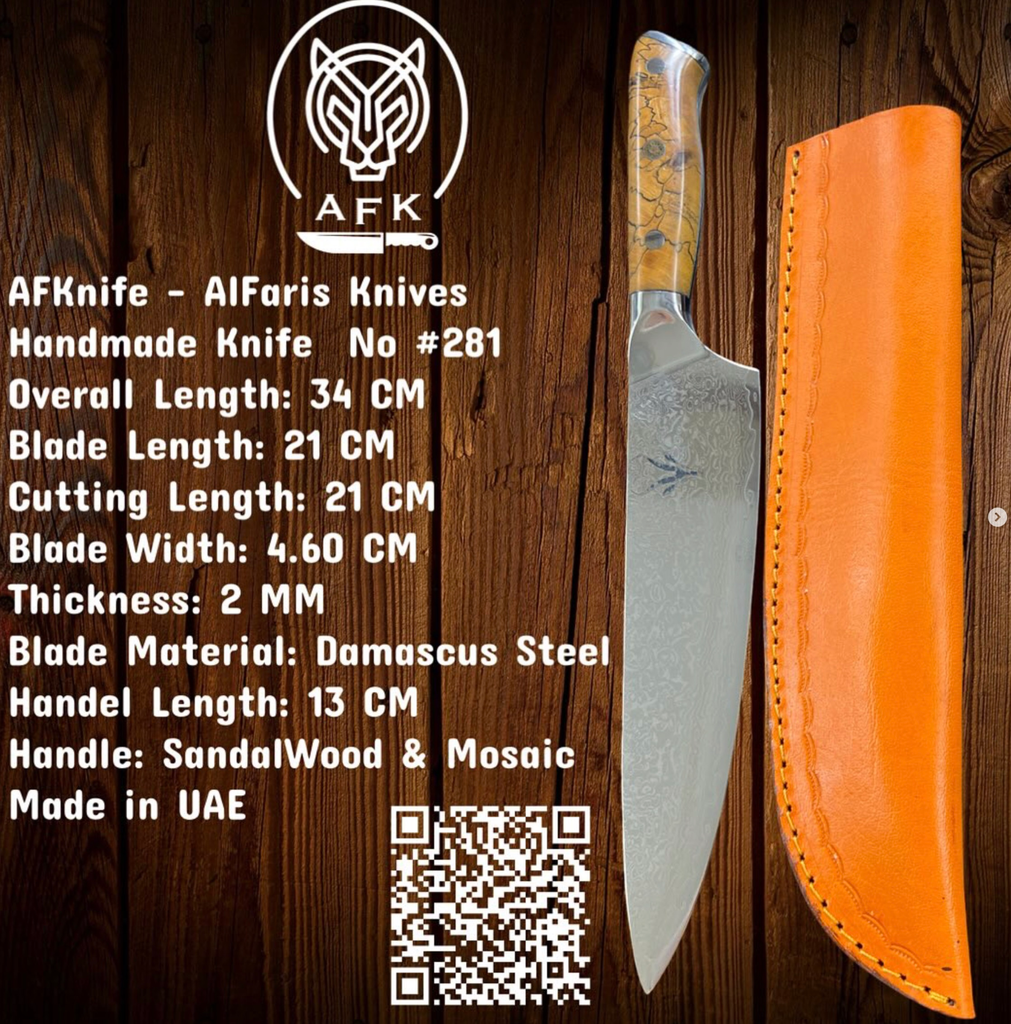 Chef's (kitchen) Damascus Steel + Sandal Wood Handle + Leather Sheath + 58-62 HRC - ( Butcher Style ) No: Chef-281