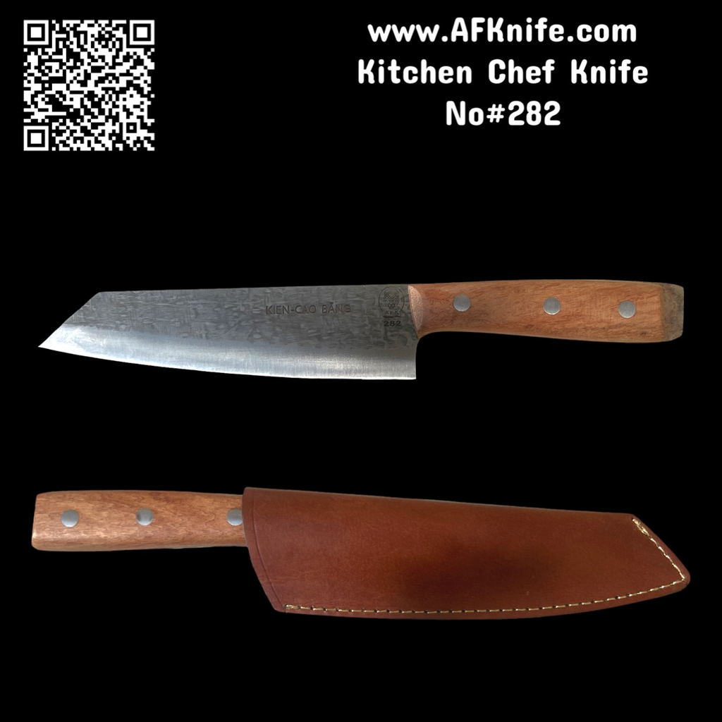 Chef's (kitchen) Carbon Steel 1095 + Sandal Wood Handle + Leather Sheath + 58-59 HRC -( Bunka Style ) No: Chef-282