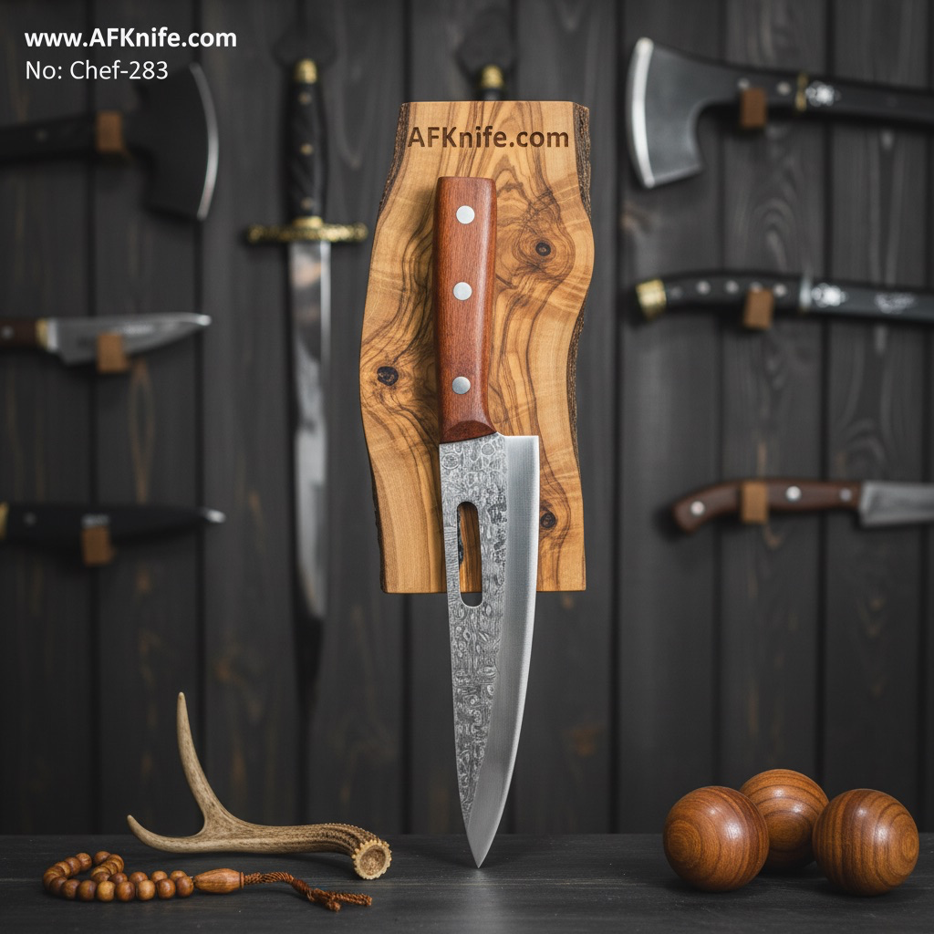Chef's (kitchen) Carbon Steel 1095 + Sandal Wood Handle + 59-60 HRC + Leather Sheath - ( Chef's Style ) No: Chef-283