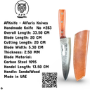 Chef's (kitchen) Carbon Steel 1095 + Sandal Wood Handle + 59-60 HRC + Leather Sheath - ( Chef's Style ) No: Chef-283