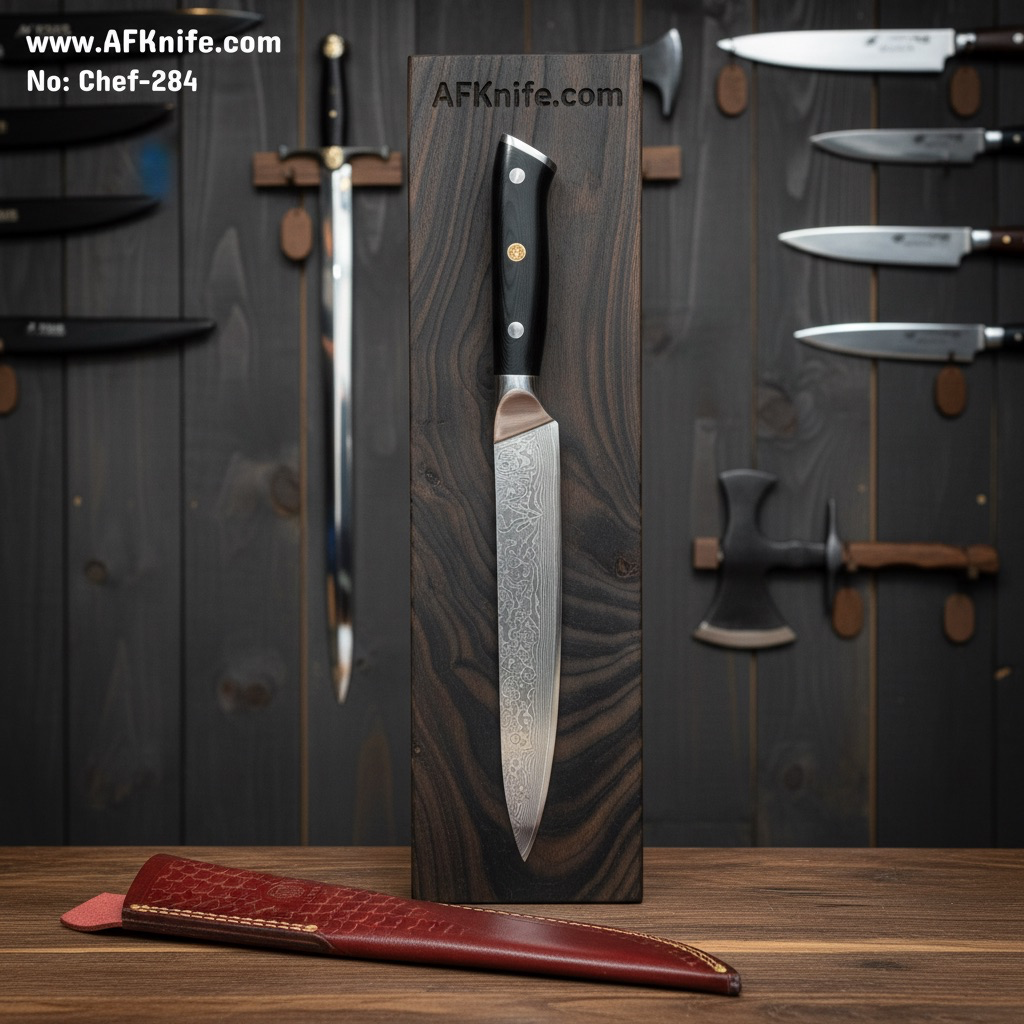 Chef's (kitchen) Damascus VG10 + G10 Handle + Leather Sheath + 58-60 HRC - ( Slicing Style ) No: Chef-284