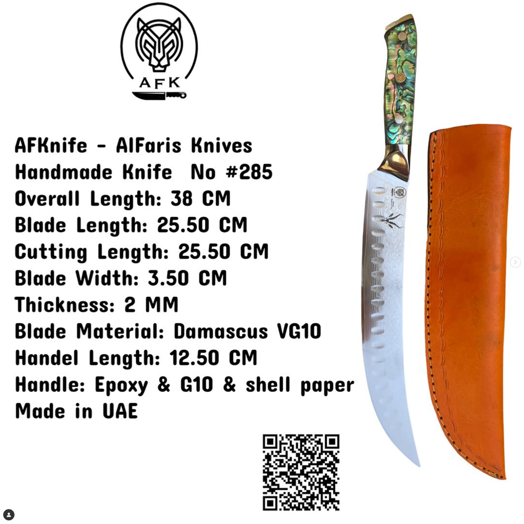 Chef's (kitchen) Damascus VG10 + Abalone Shell Handle + Leather Sheath + 58-60 HRC - ( Slicing Style ) No: Chef-285