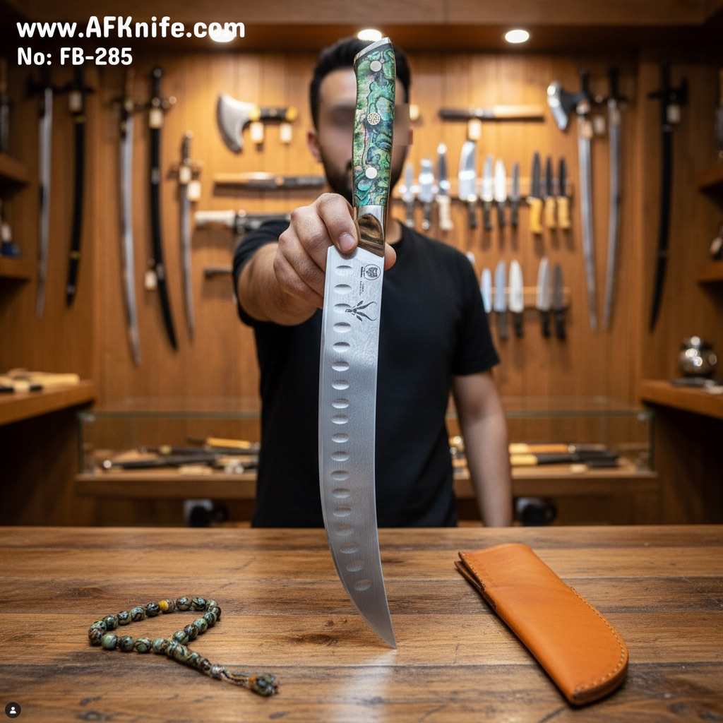 [285] Chef's (kitchen) Damascus VG10 + Abalone Shell Handle + Leather Sheath + 58-60 HRC - ( Slicing Style ) No: Chef-285
