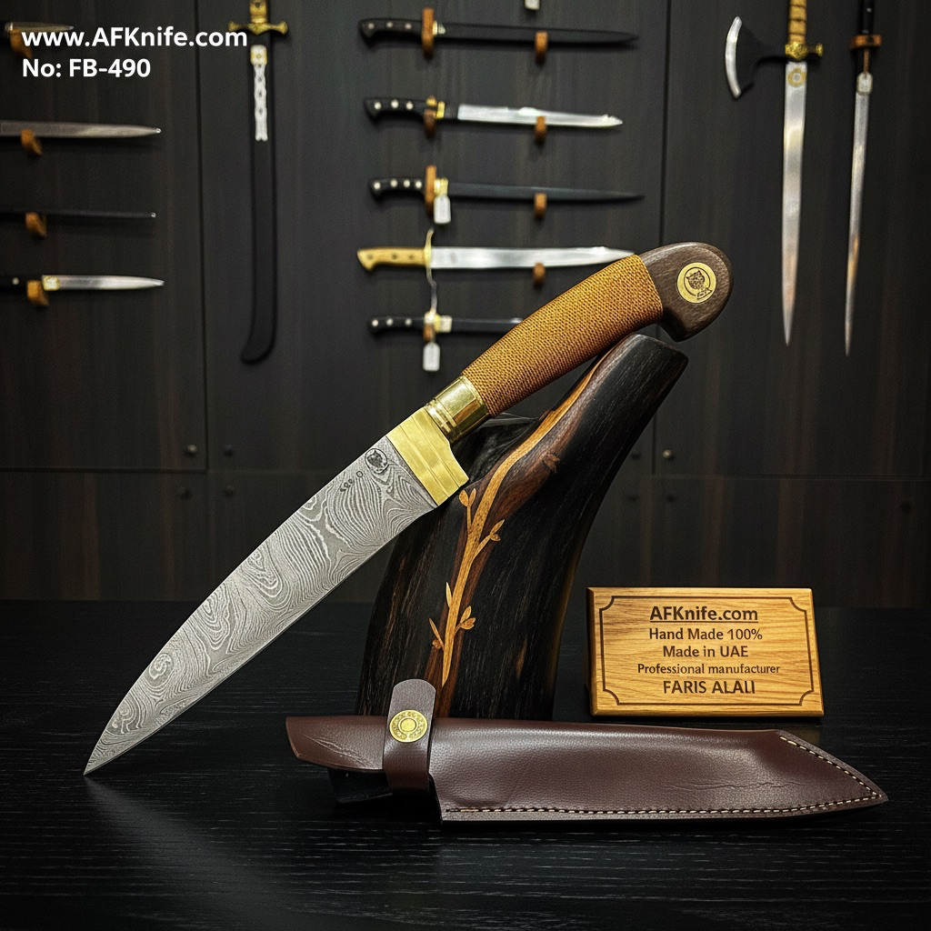 [Dmscs-FB-490] سكين ( بيشك ) - معدن ( دمشقي ١٠٩٥ / كاربون ستيل ١٠٩٥ ) مقبض ( ميكارتا مغطى بسلك نحاسي ) غمد ( جلد ) رقم FB-490 (Damascus 1095)