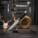 Fixed Blad - Carbon Steel 1095 ( Mosaic Pattern ), Deer Horn w/ Mosaic Guard, Leather Sheath, 58-59 HRC, Straight Back Style  No: FB-492