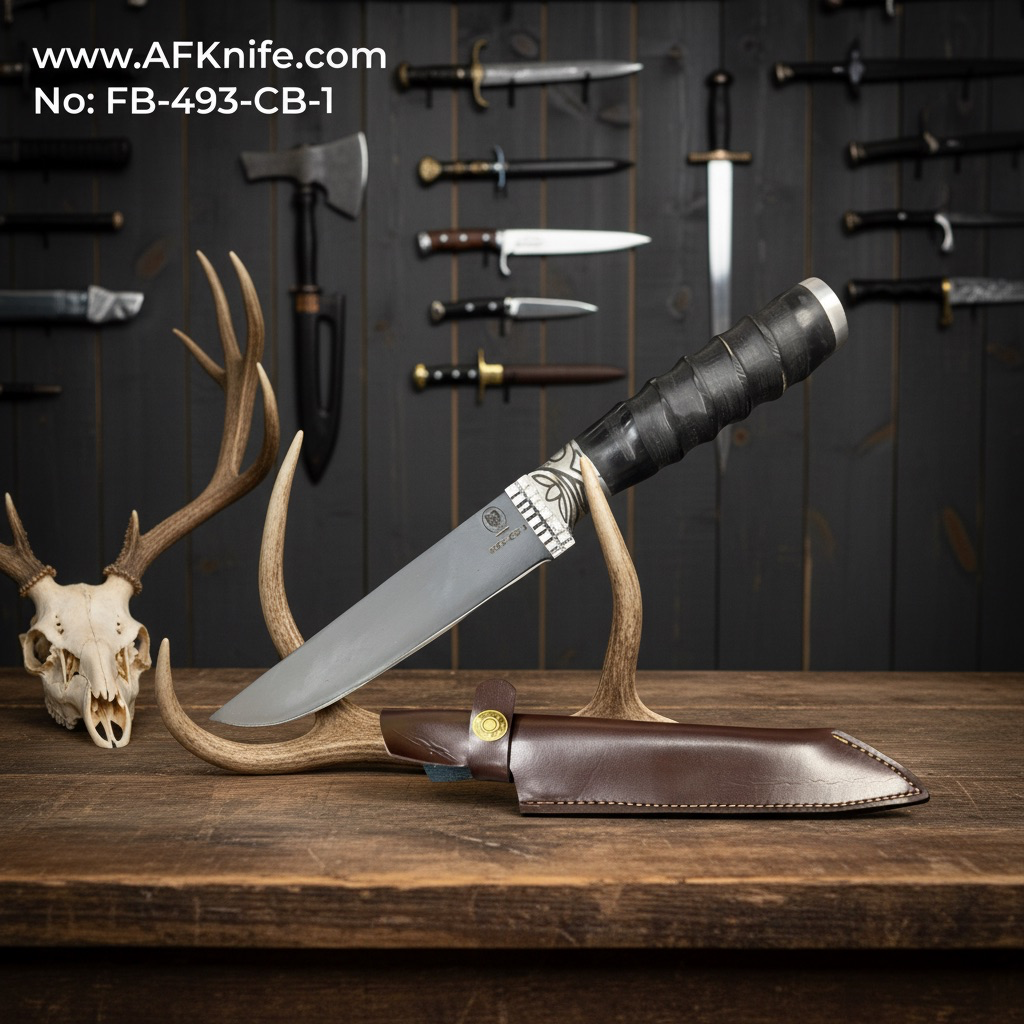 [493-CB-1] Fixed Blade - Carbon Steel 1095 ( Black Coating ) + Deer Horn w/ Mosaic Guard + Leather Sheath + 58-59 HRC - Straight Back Style No: FB-493 (493-CB-1)