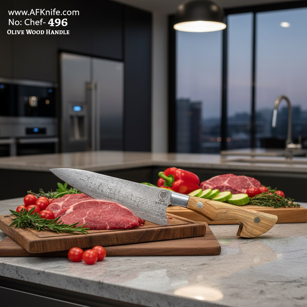 [OL-Chef-044] سكين ( جيوتو ) الشيف والمطبخ ٣١٫٥٠  سم- معدن ( دمشقي في جي ١٠ ) مقبض ( خشب الورد ) غمد ( جلد ) رقم ٤٩٦ (Olive Wood Handle)
