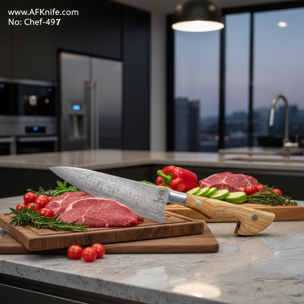 [OL-Chef-045] سكين ( جيوتو ) الشيف والمطبخ ٢٩٫٥٠  سم - معدن ( دمشقي في جي ١٠ ) مقبض ( خشب الورد ) غمد ( جلد ) رقم ٤٩٧ (Olive Wood Handle)