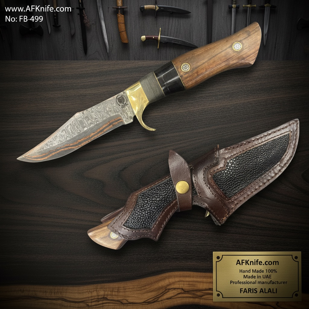 [FB-499] Fixed Blad Bowie Knife, Copper Damascus ( Cu Mai ), Walnut wood - G10 - Buffalo Bone & Guard Handle, Leather Sheath,  Bowie Style  No: FB-499