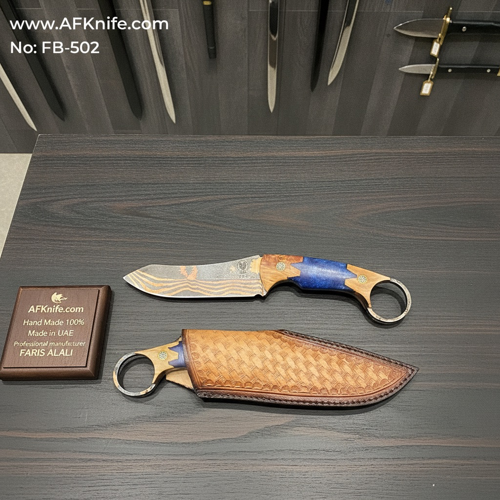 Fixed Blad Copper Carbon Steel 1095, Olive Wood w/ Epoxy Handle, Leather Sheath, 57-58 HRC, MODIFIED Style No: FB-502