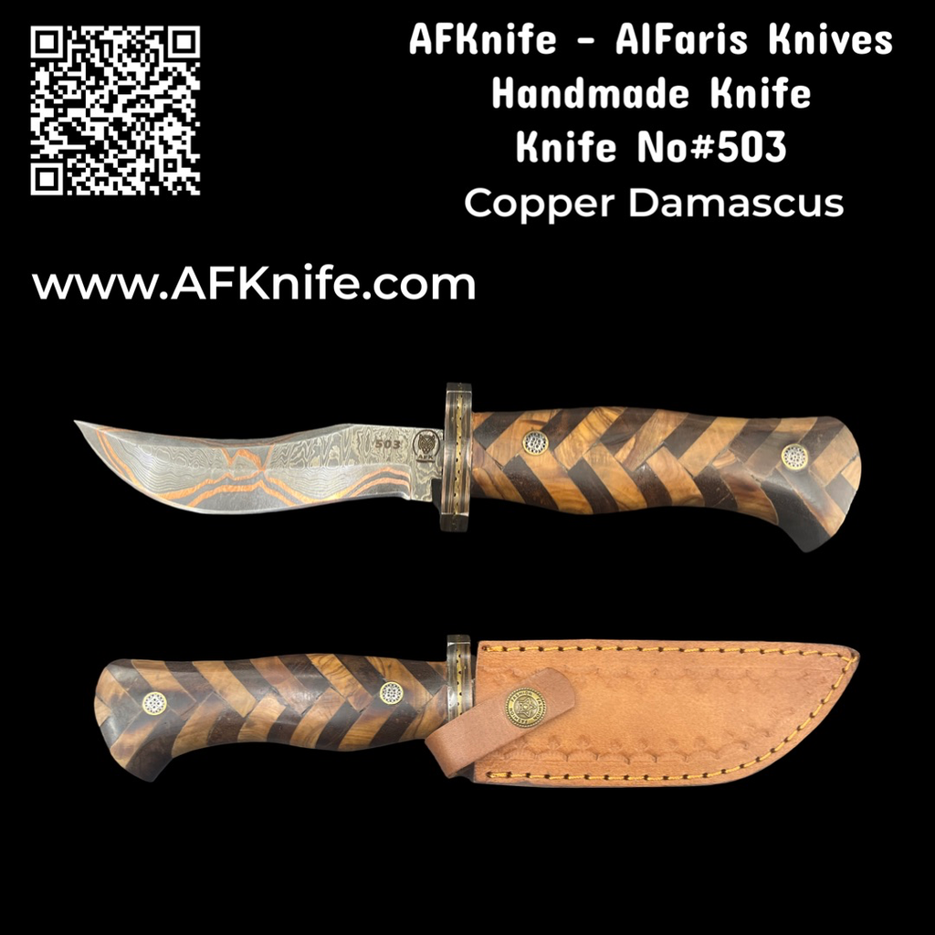 [503] Fixed Blad Trailing Point Copper Damascus - Olive & Rose Wood Handle - Leather Sheath( Dagger ) Knife #503