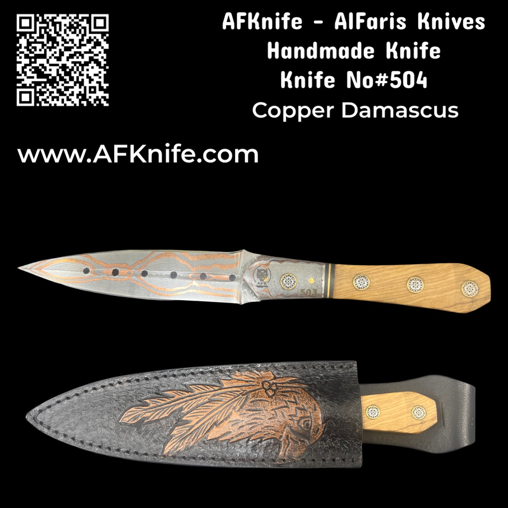 [504] Fixed Blade Copper Damascus 1095 ( Cu Mai ) + Olive Wood w/ Copper Guard w/ G10 Spacer + Leather Sheath + 58-60 HRC -  ( Double-Edged ) Dagger Style No: FB-504