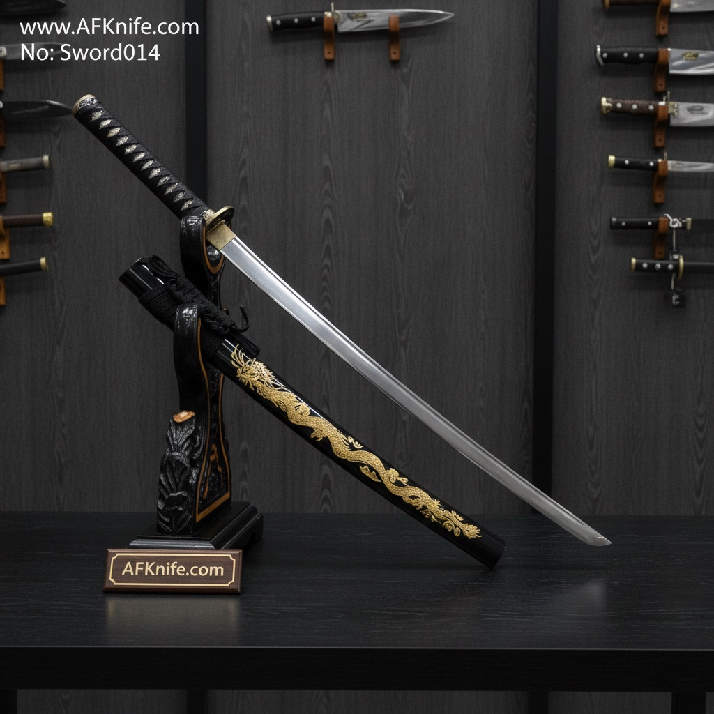 سيف كاتانا T10 بشفرة عالية الكربون + مقبض خشبي مع جديلة وحامي + غمد من خشب تشينغبي - رقم: Sword014
