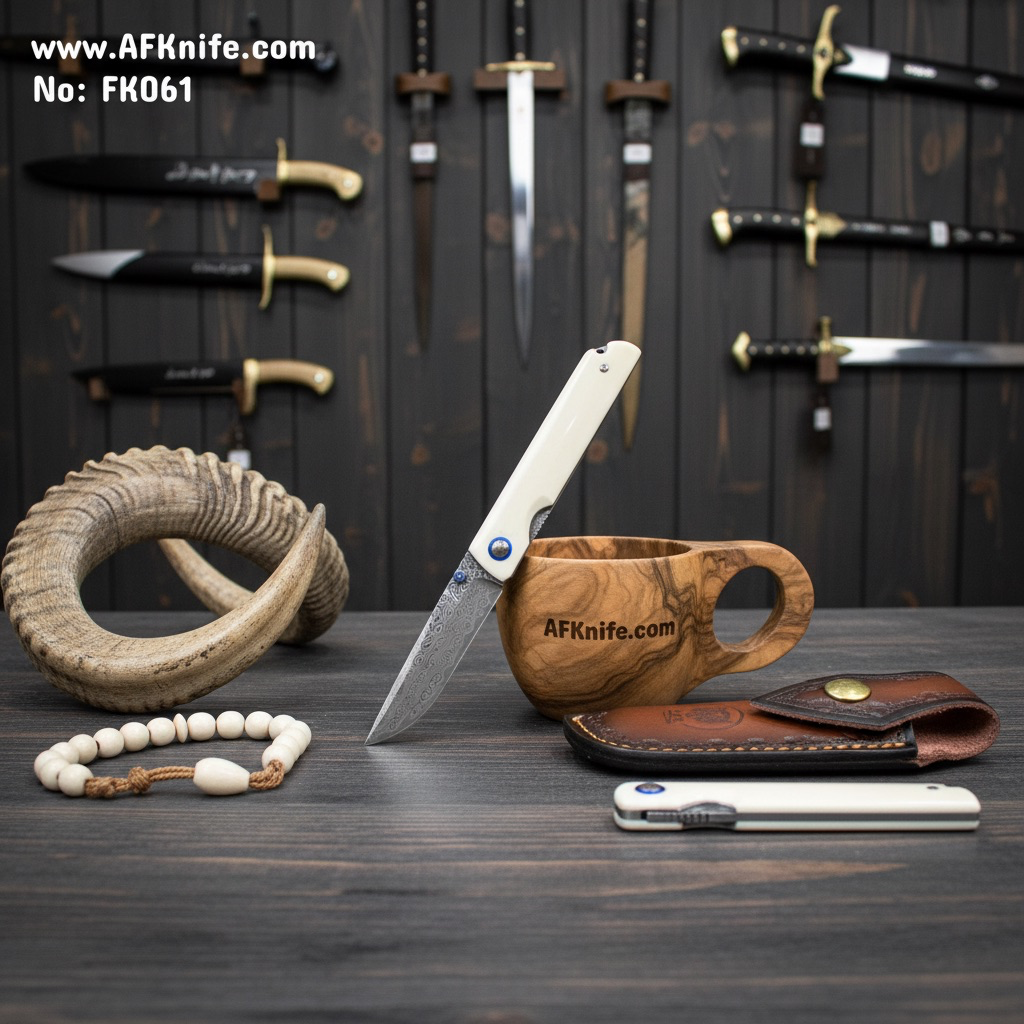 [Damascus-FK061] Folding Knife Damascus VG10, Buffalo Bone Handle, Leather Sheath, 58-59 HRC, Drop Point, No: FK061