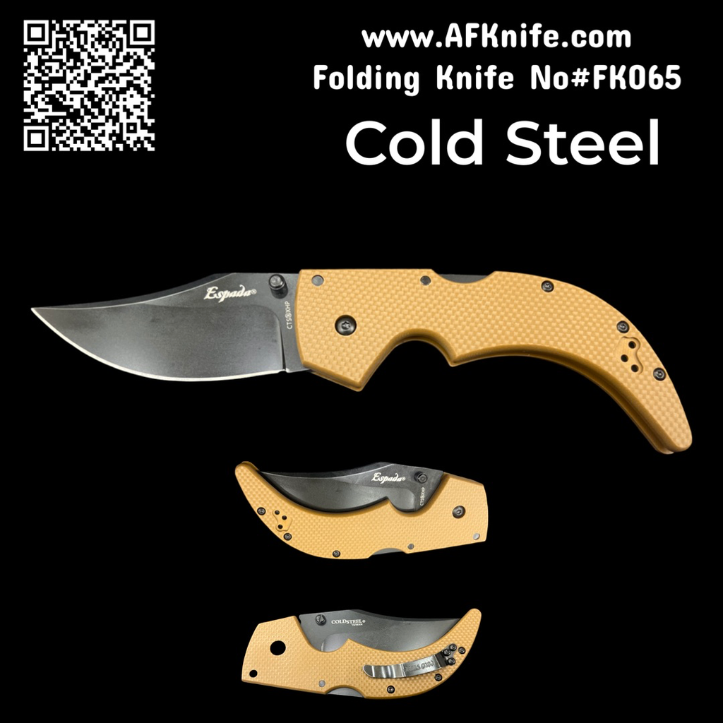 Folding Knife Cold Steel Medium Espada - CTS XHP Stainless Steel Blade -  Tri-Ad Lock Knife Coyote Tan G-10 (3.5" Black) 62NGMVB No: FK065