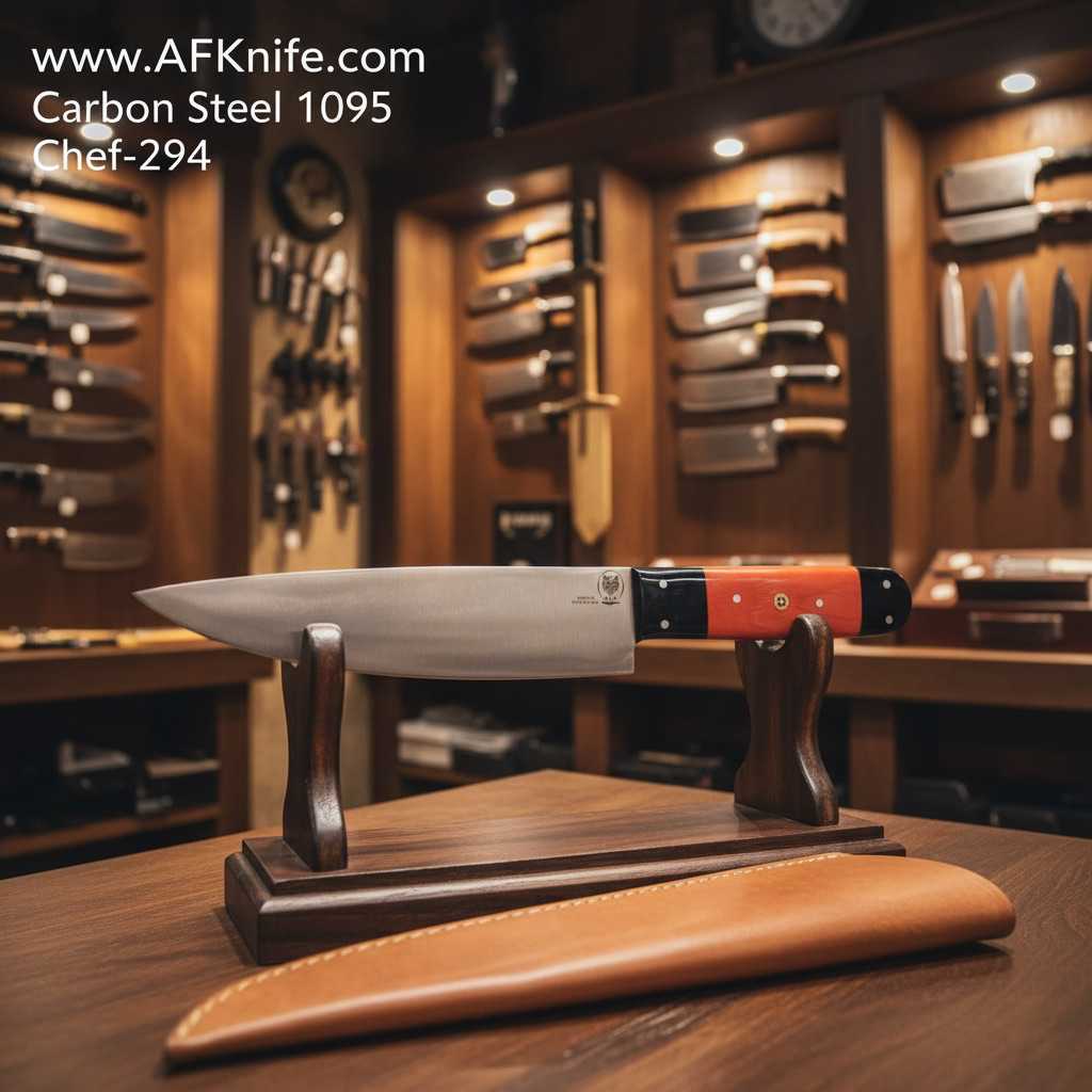 [294 - 30.50CM] Chef's (kitchen) Carbon Steel 1095 + Wood & Epoxy Handle + Leather Sheath + 58-60 HRC - ( Butcher Style ) No: Chef-294 (30.50 CM)