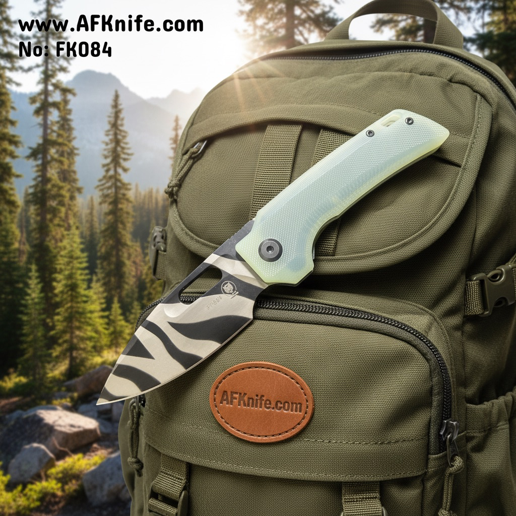 [D2Tiger-FK084] Folding Knife D2 Steel ( Tiger Stripes ) G10 Handle Light Blue + leather sheath No: FK084