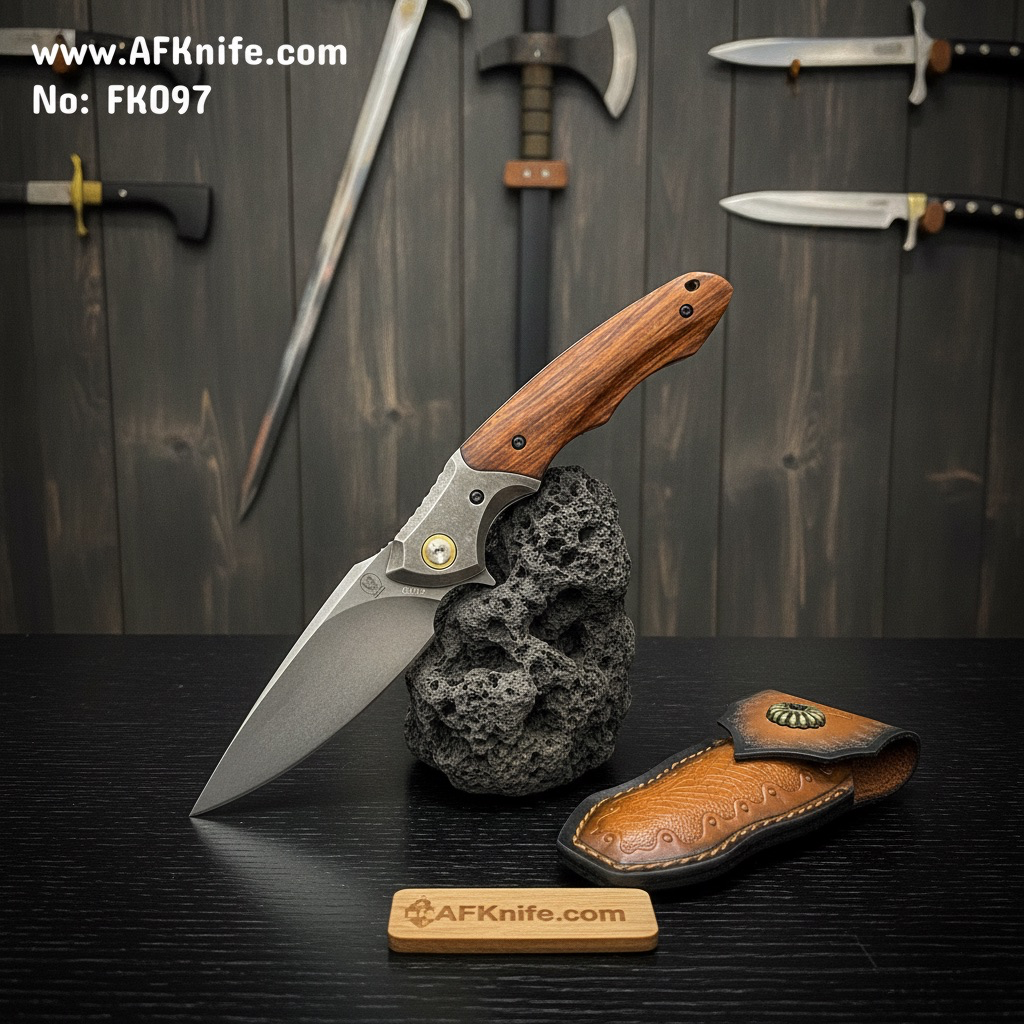[FK097] سكين مطوية ( جيب ) - معدن ( CPM D2-Stone Washed ) مقبض ( خشب الجوز والاستيل  ) رقم FK097