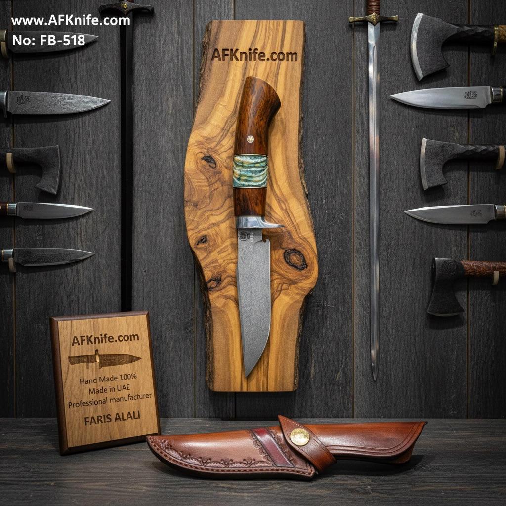 Fixed Blade Wootz Steel, Mammoth Tooth Stone, Desert Iron Wood & Guard Handle, Leather Sheath, 58-60 HRC, Clip Point Style Knife No: FB-518