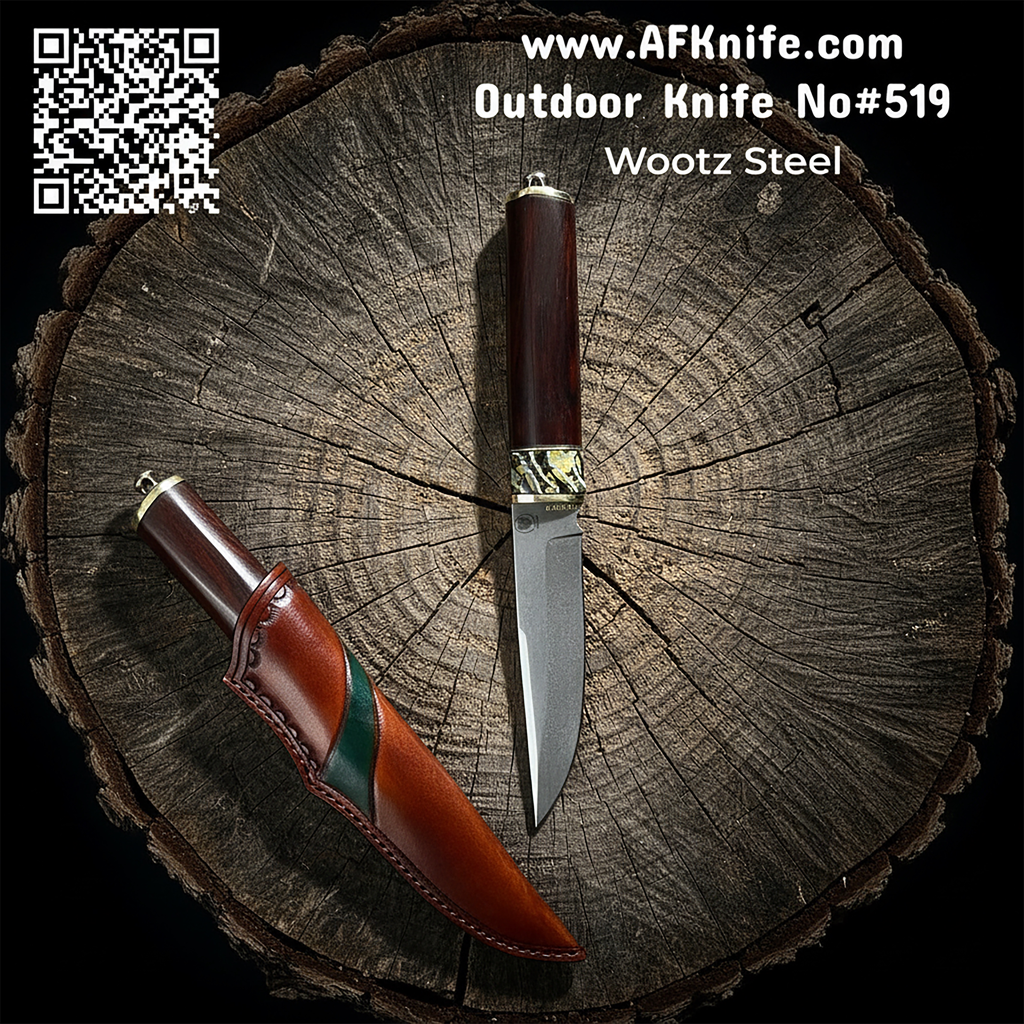 [AL-YR19-Wootz-FK0519] Fixed Blade Wootz - high carbon crucible steel + Ebony Wood w/ Mammoth Tooth Stone Handle + Leather Sheath + 60 HRC - Drop Point Style No: FB-519