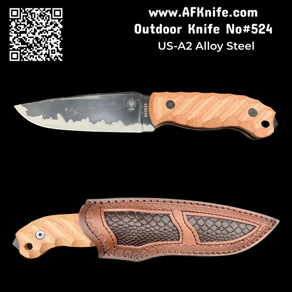 [AW-US-A2-FK524] Fixed Blade American Winkler US-A2 Steel ( StoneWash/Camouflage ) - Drop Point Style - Linen Handle & Leather Sheath - No:524