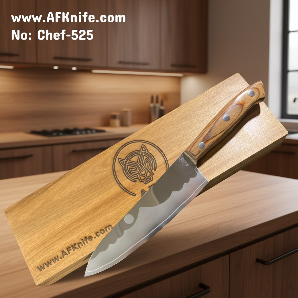 Chef's (kitchen) Carbon Steel 1095 w/ a Titanium Nitride Coating + Acacia Wood Handle + Acacia Box + 58-62 HRC - ( Gyuto Style ) No: Chef-525
